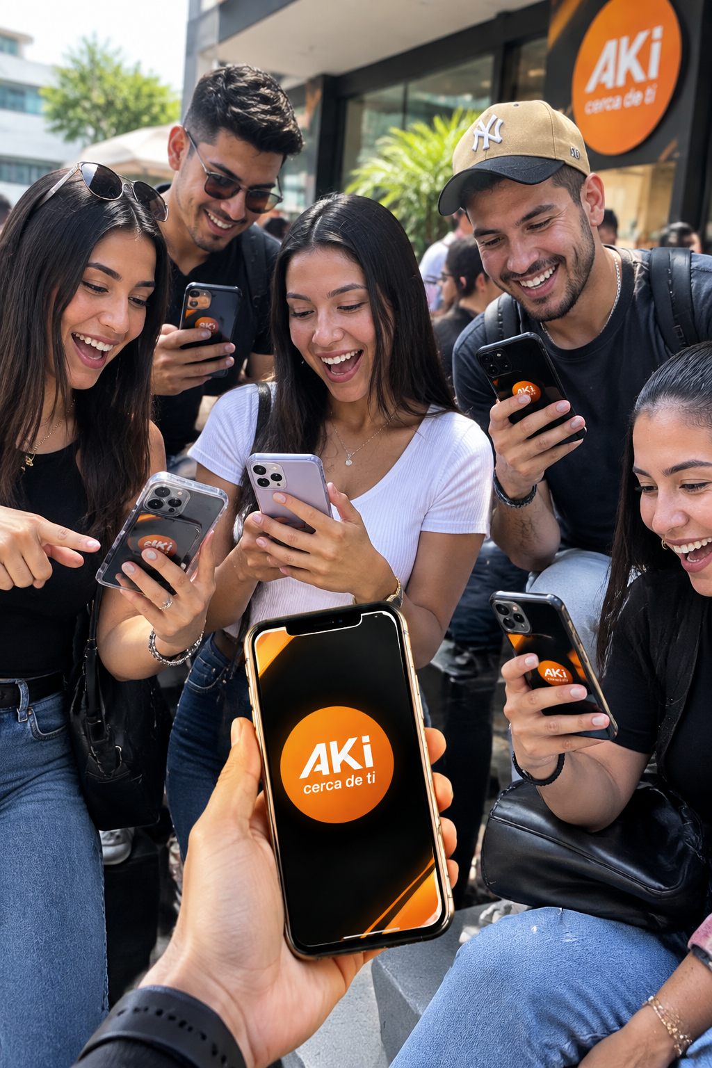 Grupo de amigos usando la app AKi en la calle, frente a un comercio con el logo de AKi