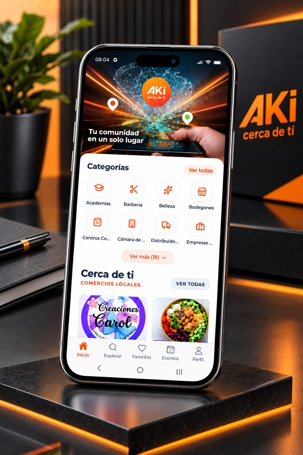 Pantalla de categorías y comercios cercanos dentro de la app AKi